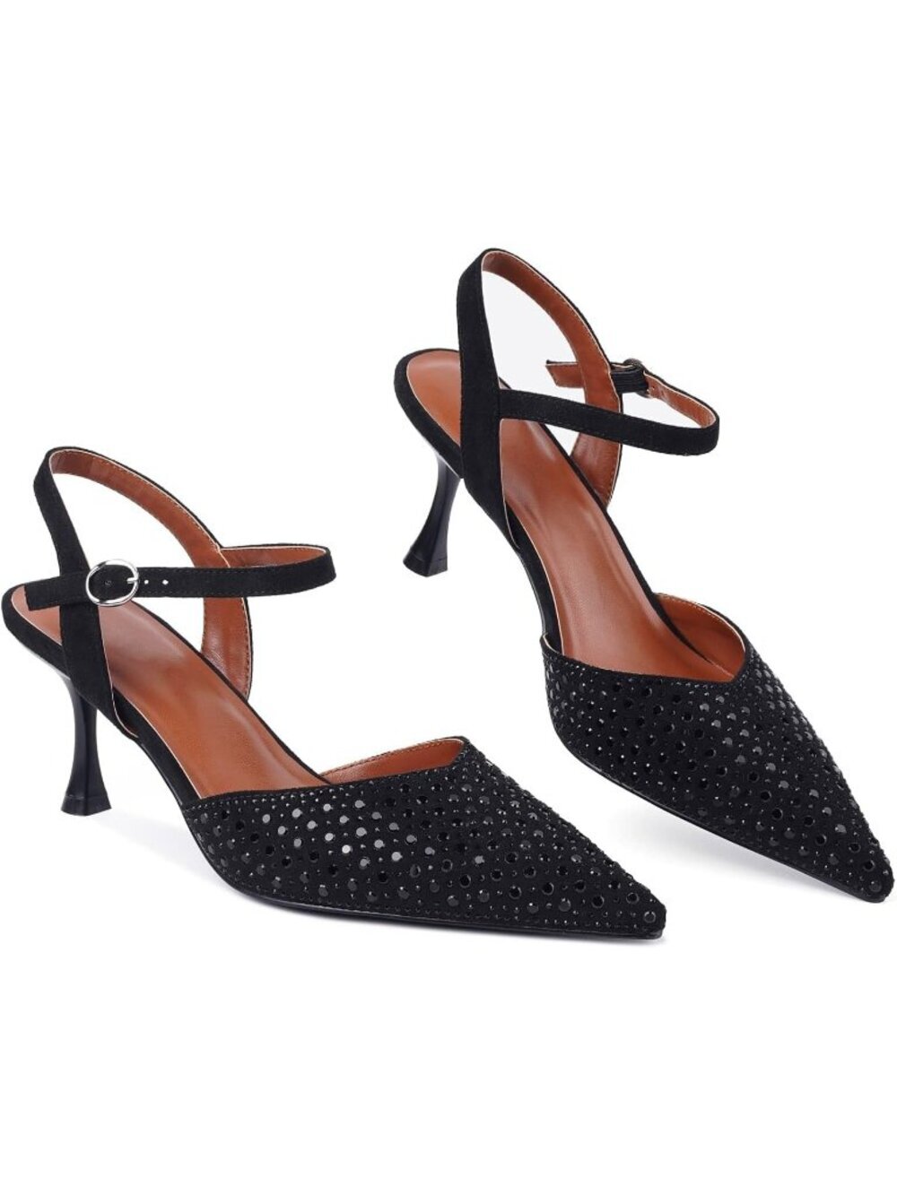 Women Black Rhinestone Slingback Kitten Pointed Toe Pump Low Stiletto Heel Shoes